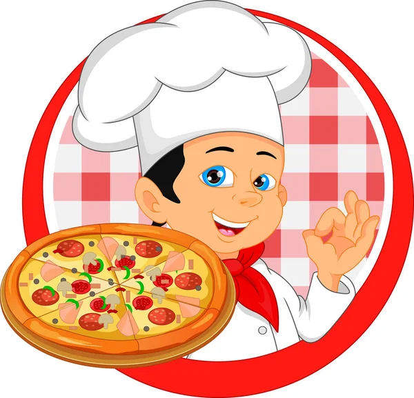 Menino chef desenhos animados com pizza — Vetor de Stock