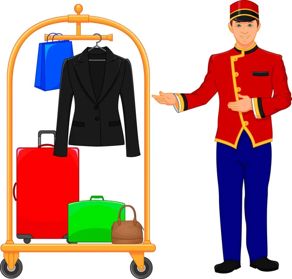 Piccolo hotelservice en bagagewagen — Stockvector