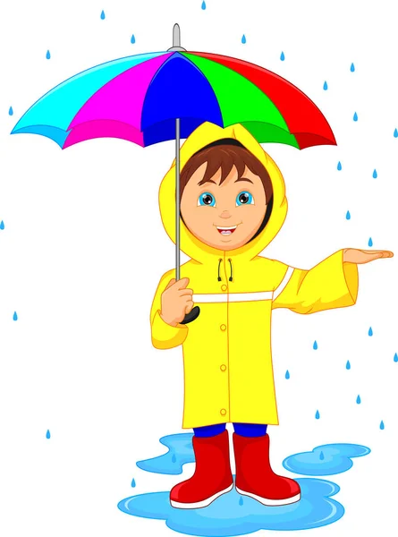 Little boy in rain with umbrella — Stock Vector