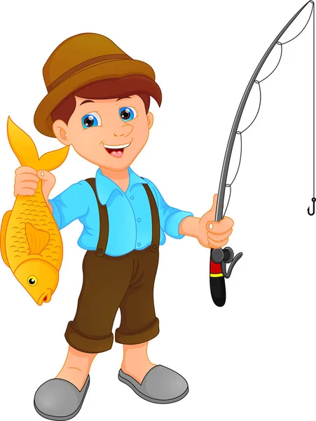 Niño pesca holding peces dibujos animados — Vector de stock