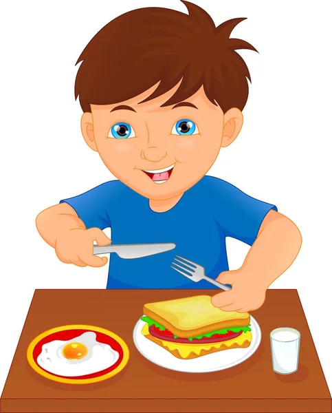 Happy boy eating at the table — Stock Vector