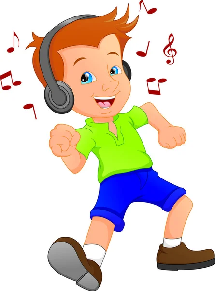 Zabawny Chłopak Cartoon Słuchania Muzyki Dance — Wektor stockowy