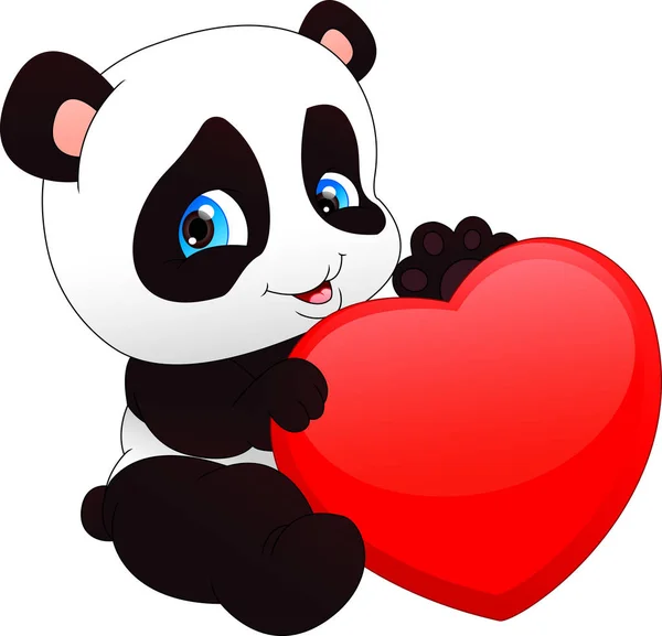 Süße Lustige Baby Panda Und Rotes Herz — Stockvektor