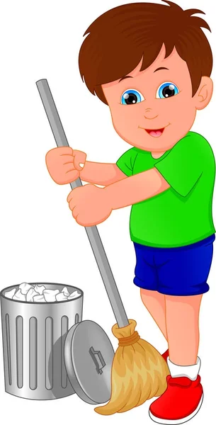 Little Boy Cleaning Sweeping — Stock Vector