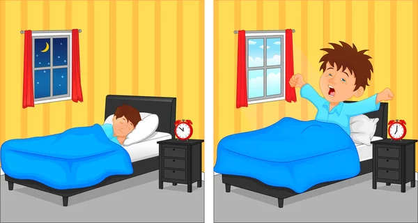 Küçük Çocuk Yatak Odasında Gece Uyku Sabah Uyanmak — Stok Vektör