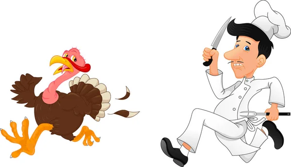 Cartoon Chef Chasing Turkey — Stock Vector