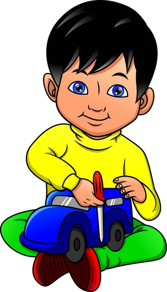 Młody Chłopiec Gra Samochód Zabawka — Wektor stockowy