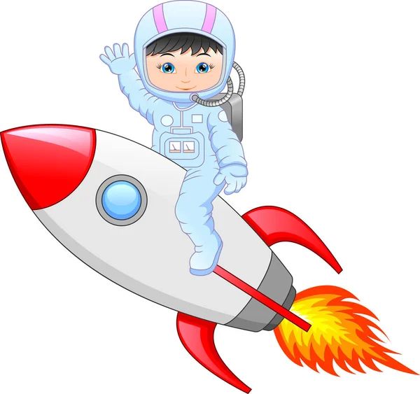 Tecknad Liten Flicka Klädd Astronaut Kostym Raket — Stock vektor