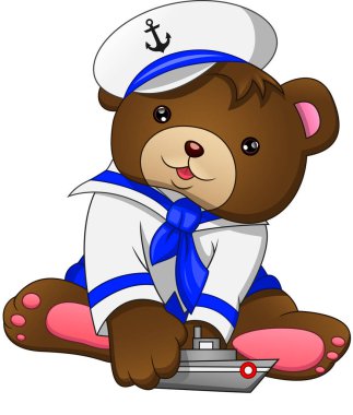 Beyaz arka planda gemisi olan sevimli bir ayı.