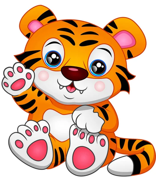 Cute Baby Tiger Cartoon Waving — Stock Vector