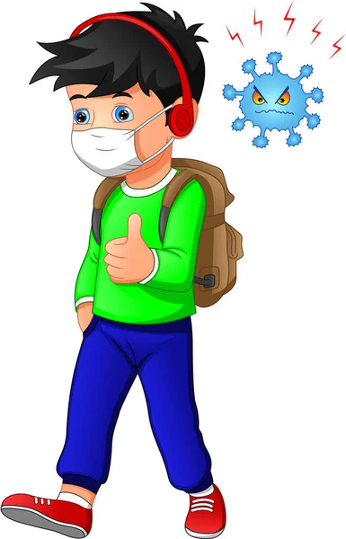 Roztomilý Chlapec Karikatura Sobě Dech Maska Pro Virus Ochranu — Stockový vektor