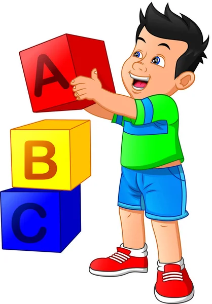 Kleine Jongen Spelen Met Alfabet Blok — Stockvector