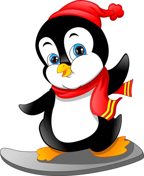 Aranyos Pingvin Rajzfilm Síelés — Stock Vector