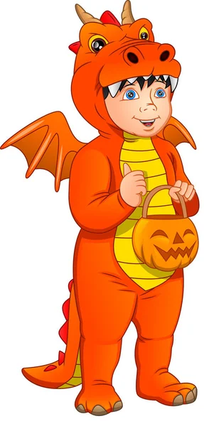 Garçon Costume Dragon Tenant Citrouille Halloween — Image vectorielle