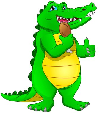 Sevimli bebek timsah başparmağı yukarıda ve tavuk butları tutuyor.