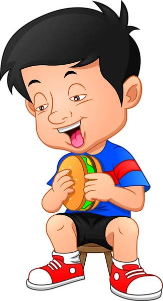 Niño Sonriendo Listo Para Comer Una Hamburguesa Grande — Archivo Imágenes Vectoriales