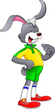 Spor giysiler giyen sevimli tavşan çizgi filmi.