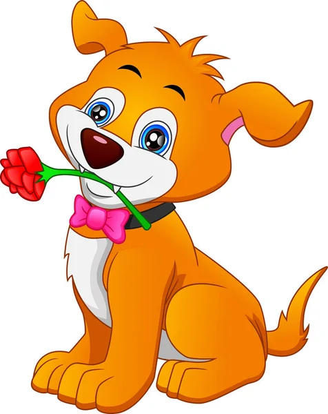 Cartoon Niedlicher Hund Beißt Eine Blume Auf Weißem Hintergrund — Stockvektor