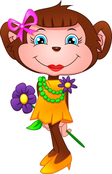 Χαριτωμένο Μαϊμού Καρτούν Εκμετάλλευση Λουλούδι — Διανυσματικό Αρχείο
