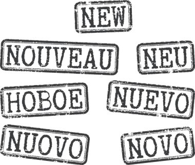 Farklı dillerde 'Yeni' grunge pulları (İngilizce, Fransızca, Almanca, Rusça, İspanyolca, İtalyanca ve Portekizce).