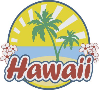 Hawaii amblemi (güneş, deniz, kum, palmiyeler) ve bayrak