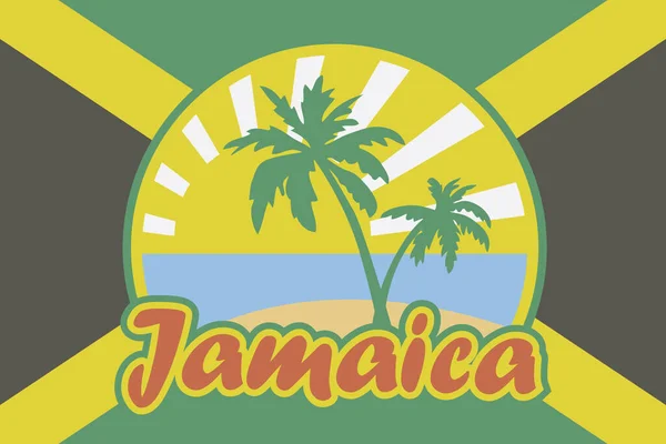 Jamaikai Zászló Jelképével Trópusi Strand Jamaica Felirat Reggae Színekben — Stock Vector