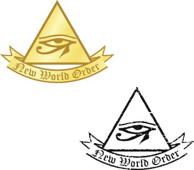 İki gizli işaret (altın ve siyah). Kurdeleli bir üçgendeki Horus 'un Gözü (Yeni Dünya Düzeni)