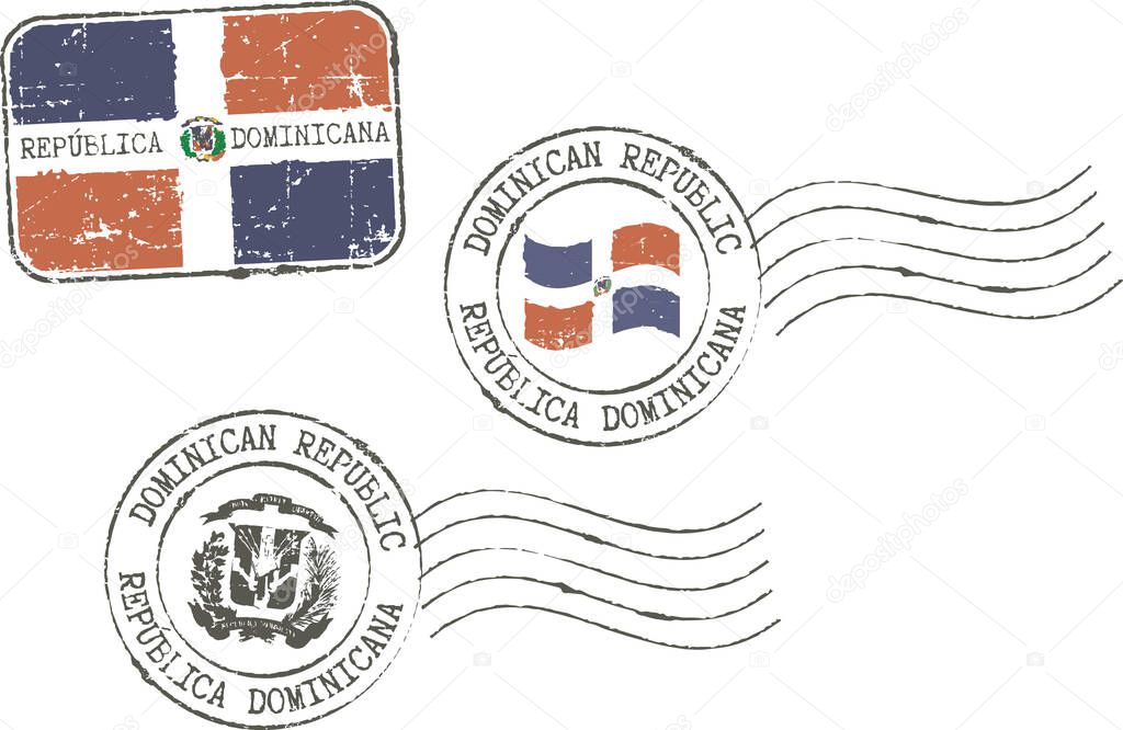 Set of grunge postal stamps ''Dominican republic''. English and spanish inscription