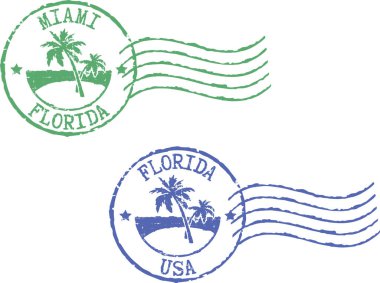 İki posta pulu 'Miami-Florida' ve 'Florida-ABD'. Beyaz arkaplan.