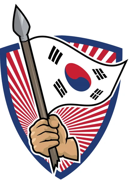 Ilustração Uma Mão Segurando Uma Lança Com Uma Bandeira Coreana — Vetor de Stock