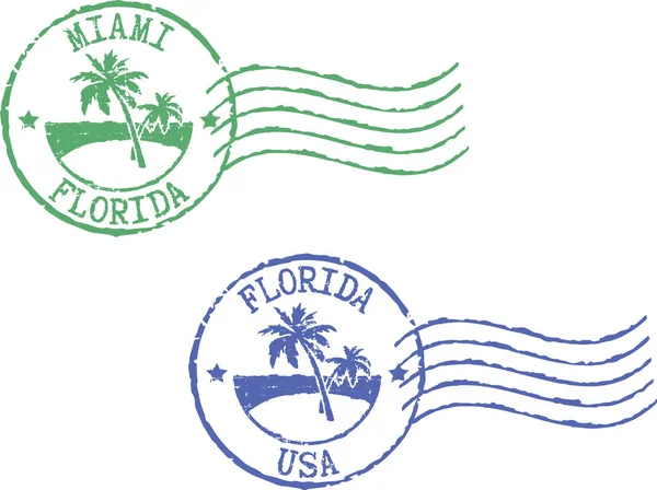 İki posta pulu 'Miami-Florida' ve 'Florida-ABD'. Beyaz arkaplan.