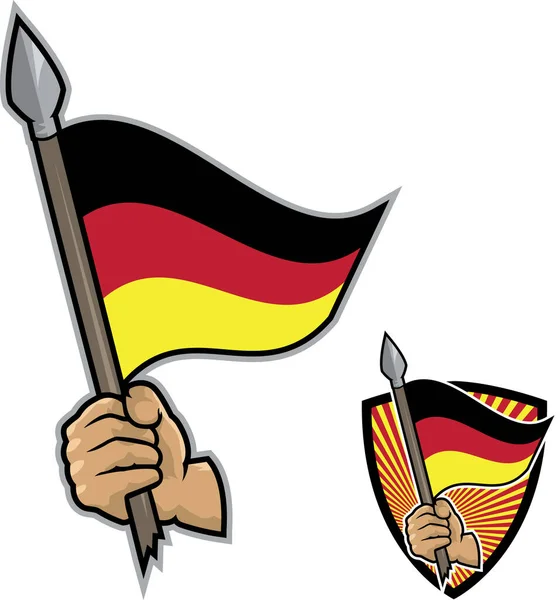 Ilustracja Ręki Trzymającej Włócznię Machającą Niemiecką Flagą Białe Tło Koncepcja — Wektor stockowy