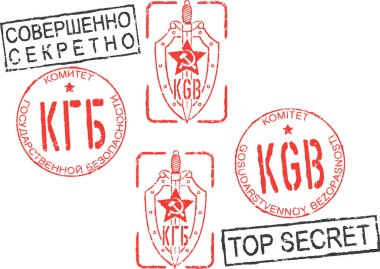 Bir dizi KGB (Devlet Güvenlik Komitesi) ve TOP SECRET pulları. Rusça (Kiril alfabesi) ve İngilizce yazıtlar. Beyaz arkaplan.