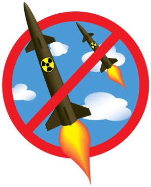 Dur işareti içinde nükleer roketler fırlatıldı. Gökyüzü arkaplanı. Vektör illüstrasyonu