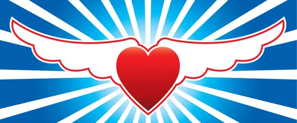 Coração Azul Coração Asas Fundo Azul Com Raios Brancos —  Vetores de Stock