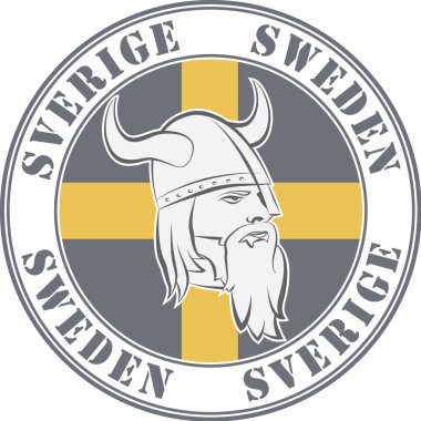 Lastik damga 'İsveç'. Viking kafası ve İsveç bayrağı