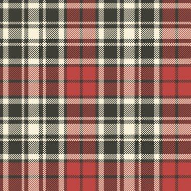 Ekose (tartan) pürüzsüz desen. Siyah, kırmızı, beyaz renk. İskoç, oduncu ve hippi tarzı..