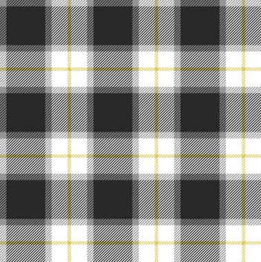 Ekose (tartan) pürüzsüz desen. Siyah, sarı, beyaz. İskoç, oduncu ve hippi tarzı..