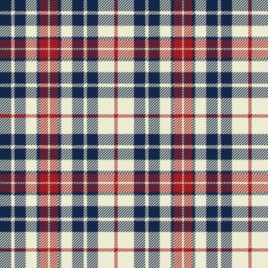 Ekose (tartan) pürüzsüz desen. Kırmızı, mavi ve beyaz çizgiler. İskoç, oduncu ve hippi tarzı..