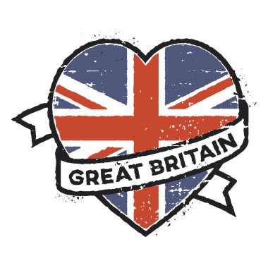 Büyük Britanya kauçuk damgası. İngiliz bayrağıyla kalbinin etrafına dolanmış bir kurdele.