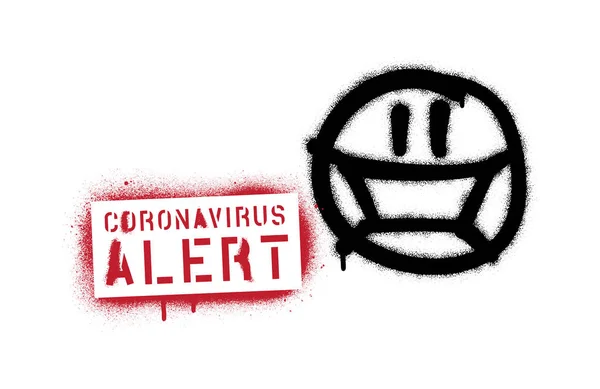 Spray Grafite Emoticon Usando Máscara Cirúrgica Inscrição Estêncil Coronavirus Alert — Vetor de Stock