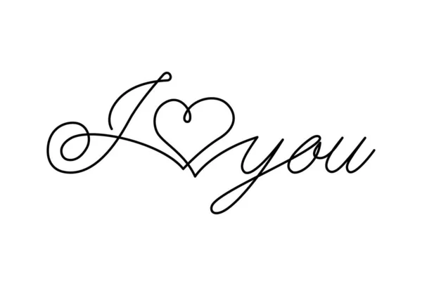 Love You Inscription Heart Continuous One Line Writing Valentine Day — Stock Vector