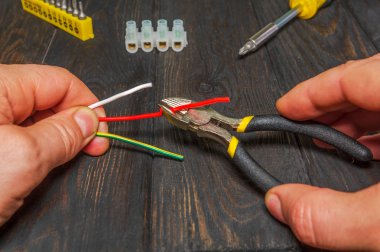 Üstat bağlanmak için farklı renkte elektrik ve kablolar tutuyor