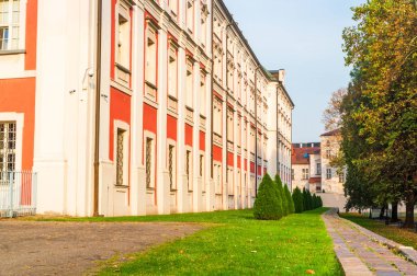 Poznan 'ın Polonya' daki mimarisi parkın ve evin avlusuna bakıyor.