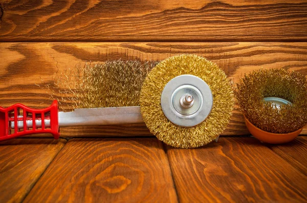 Set of abrasive tools and sandpaper still life on vintage wooden boards — Stock Photo, Image