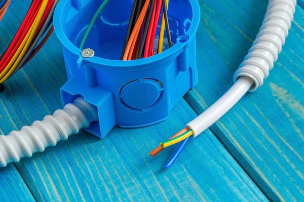 Junction box with wire for repairing electrics in house — 스톡 사진