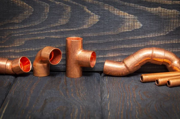 Copper water pipe fittings plumbing concept or repair water supply — Stock Photo, Image