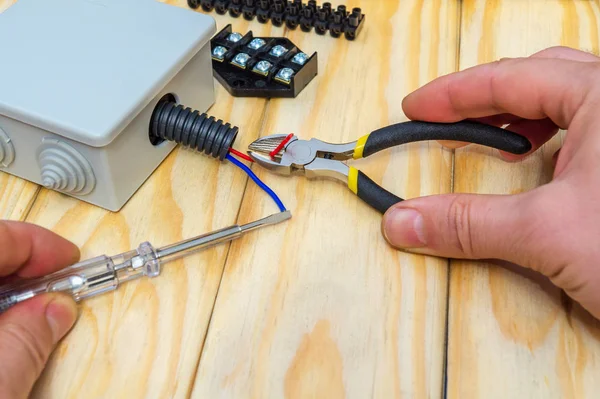 O mestre detém uma ferramenta elétrica e fios para conectar — Fotografia de Stock