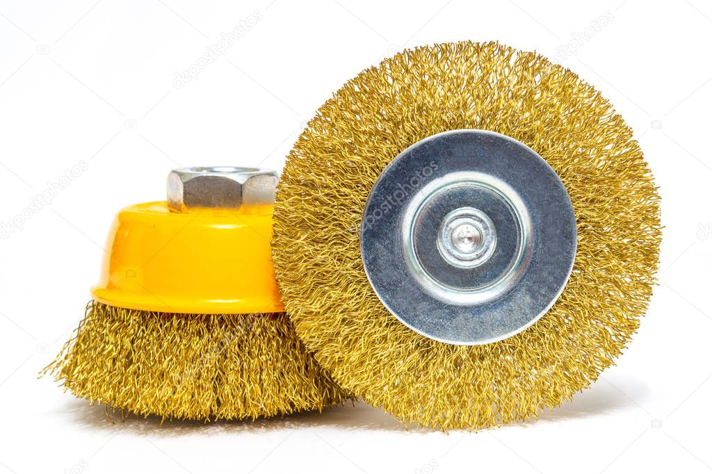 Set of abrasive tools yellow colors on white background