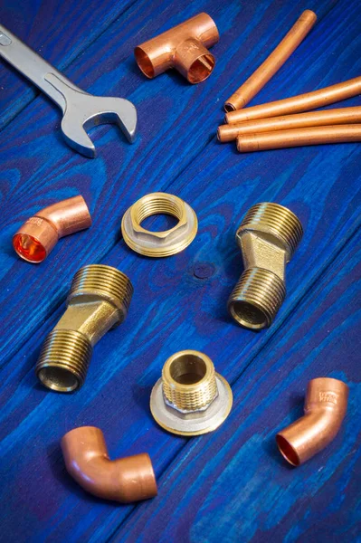 Copper water pipe fittings plumbing concept or repair water supply